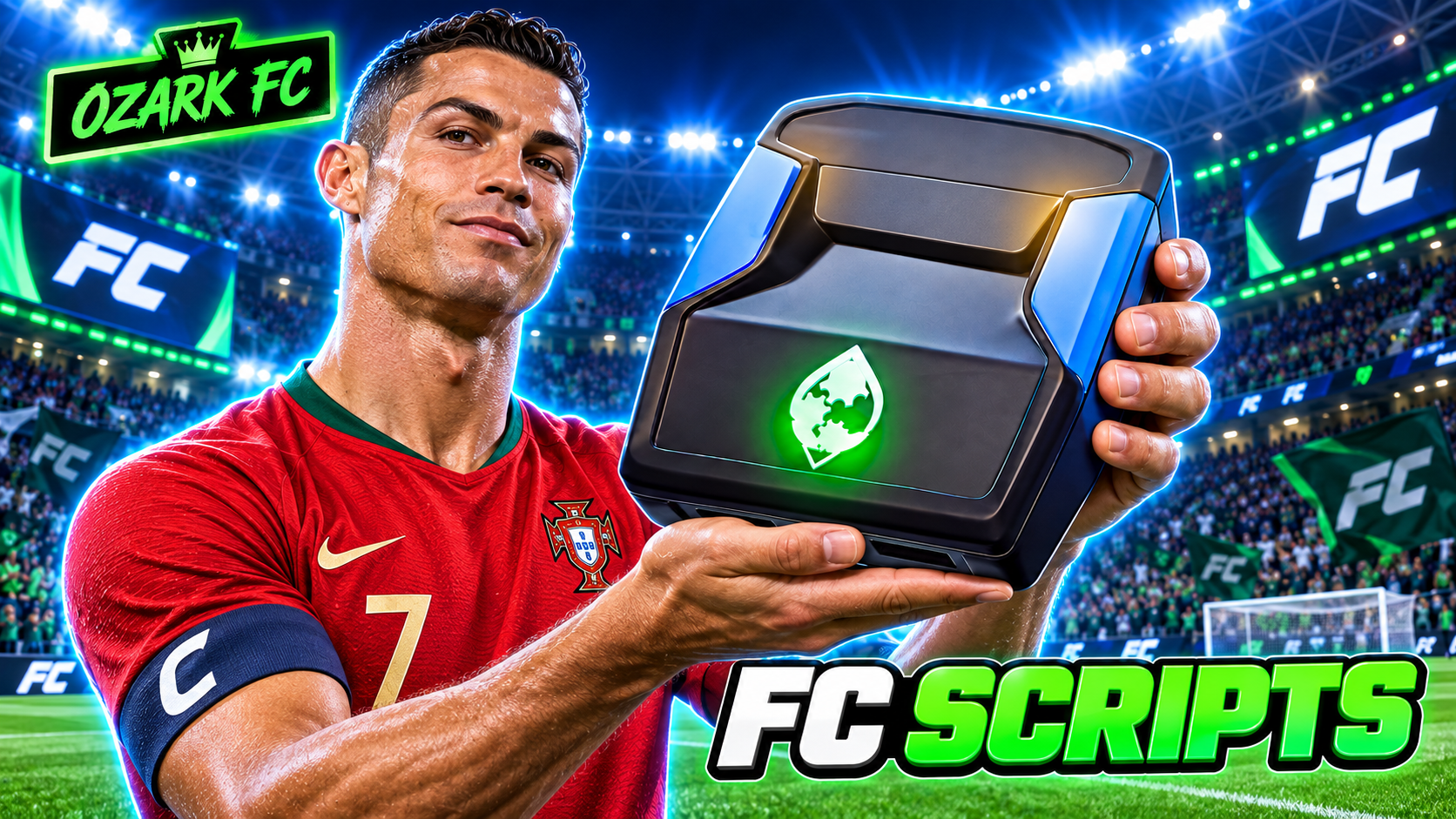 Cristiano Ronaldo holding a Cronus Zen in an illuminated FC football stadium